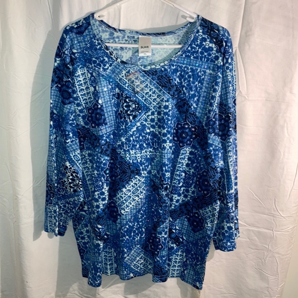 Blair Tops Blair Womens 2x Long Sleeve Shirt Blue And White And